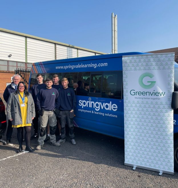 Image of Kieran Adams, Managing Director of Greenview, with Springvale Learning students who have completed their work experience at Greenview