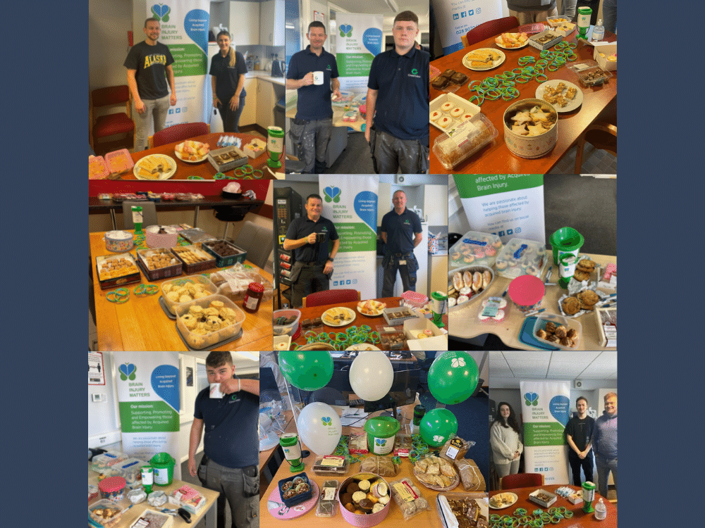 Collage of images of Greenview staff hosting charity coffee mornings at their three office sites for Brain Injury Matters