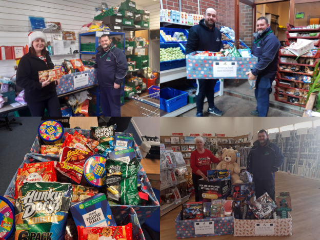 Collage of images from Greenview staff donating to charities and foodbanks at Christmas time