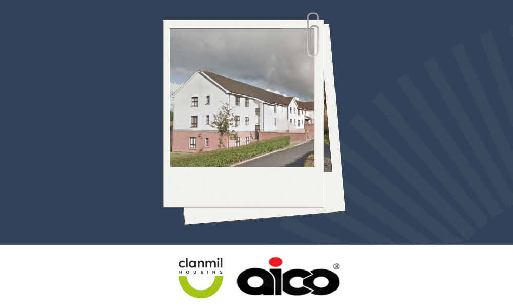 Image of Clanmil Housing and AICO branding, featuring an image of town houses. This new contract has been awarded to B.I. Electrical Services.