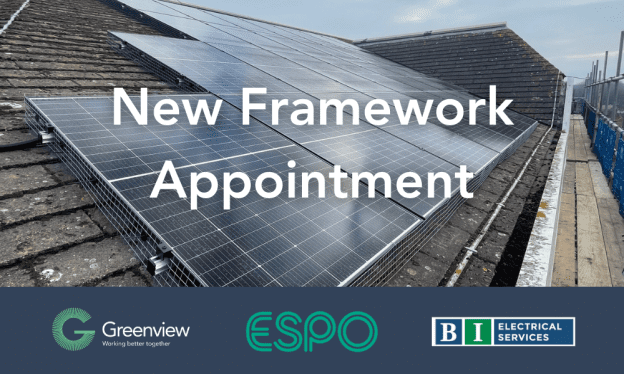 Graphic showing a solar panel on a roof, displaying logos of Greenview, ESPO and B.I. Electrical Services